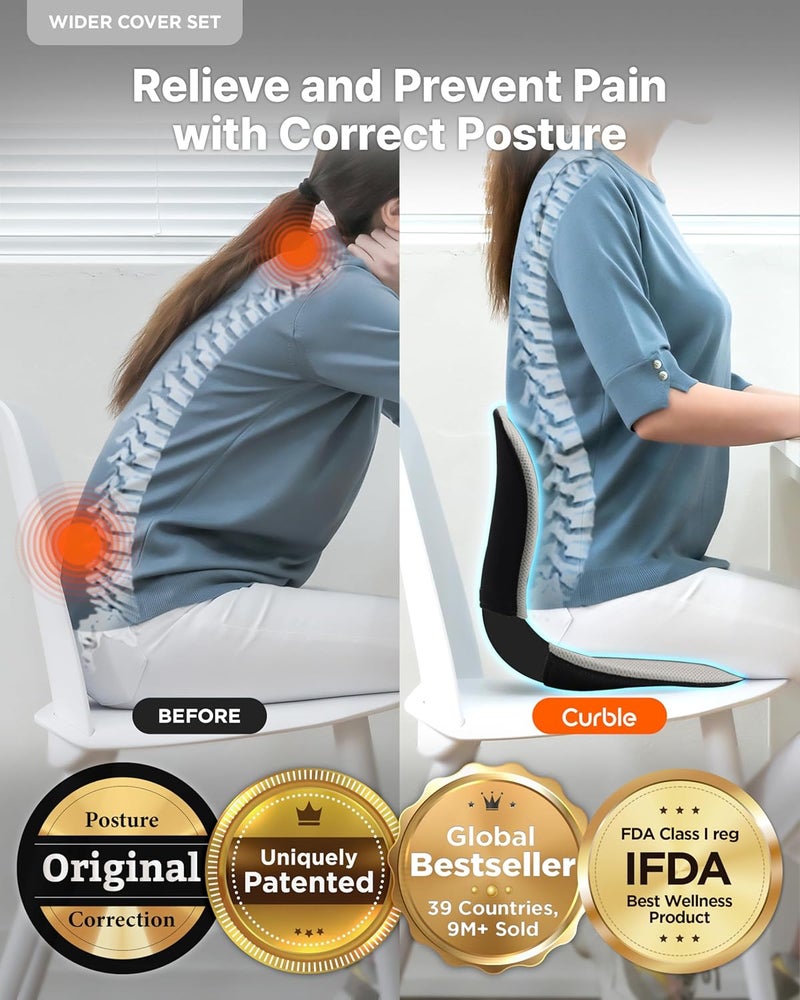 curble Wider(Standard Wide) Cover Set – Lower Back Support Chair with Detachable Cover, Lumbar Support Back Posture Corrector, Back Pain Relief (Set Grey) - Image 3